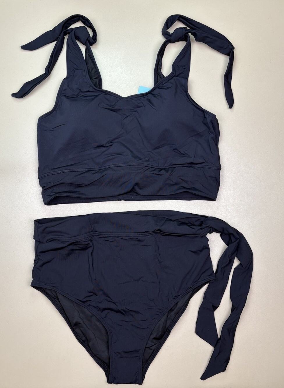 Yonique Black High Waisted Bikini Set Tie Strap Swimsuit Large NWT